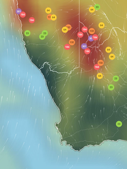 IQAir map with AQI colorful pins