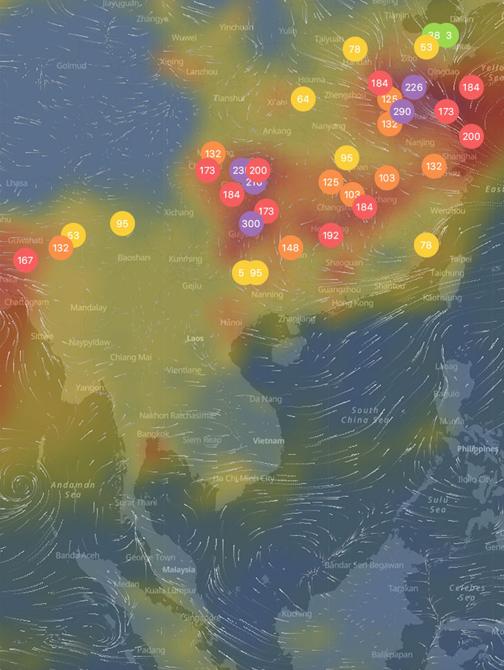 IQAir map with AQI colorful pins
